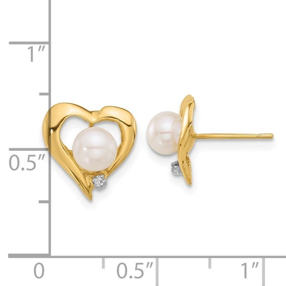 14K 5-6mm Button White FWC Pearl .02ct Diamond Heart Post Earrings - Picture 2 of 4